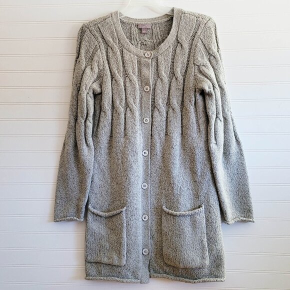 J.Jill Long Cardigan Womens Small Gray Marled Duster Cable Knit Pockets Roll Hem - Picture 1 of 9